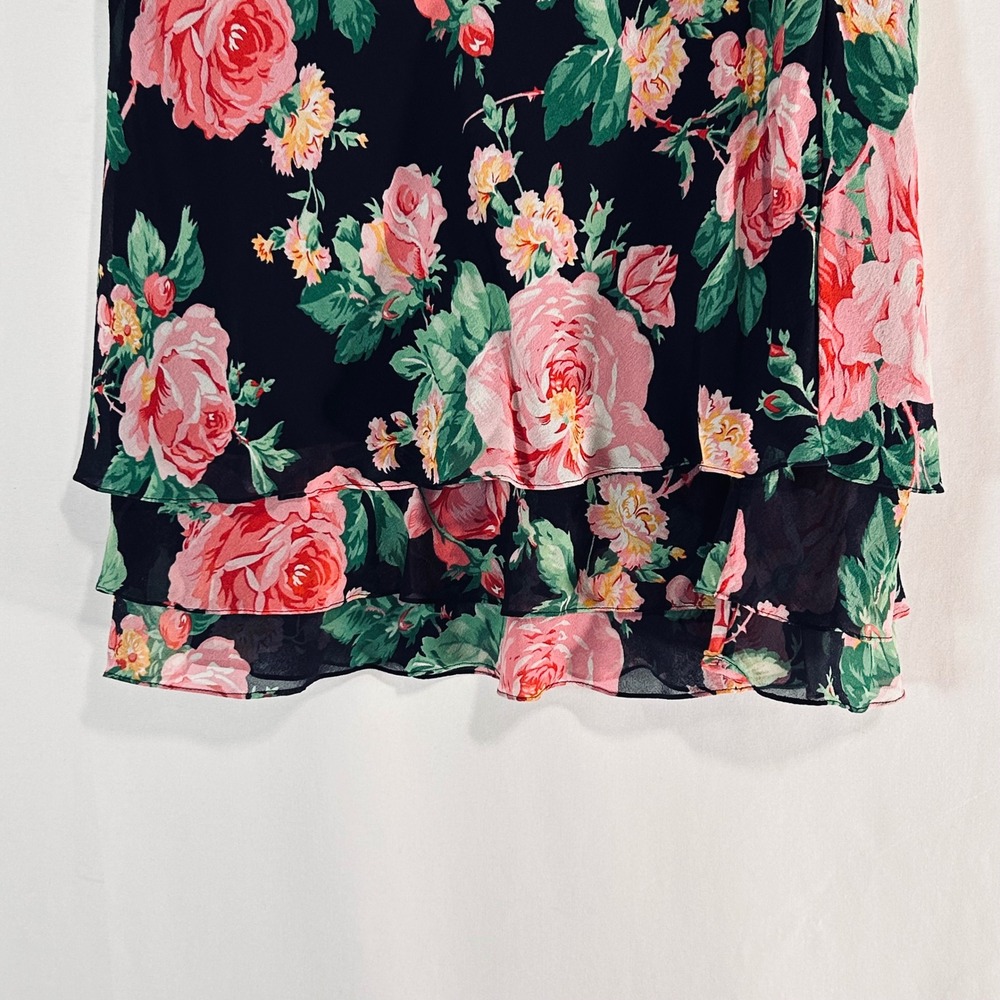 Lauren Ralph Lauren Petite Silk Floral Tiered Ruffle Skirt Black Pink Rose 4P - Picture 3 of 7